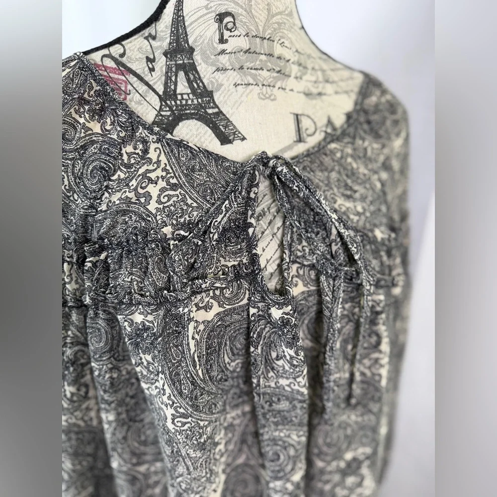 Max Edition Paisley Sheer Balloon Sleeve Boho Blouse Black Cream Red M